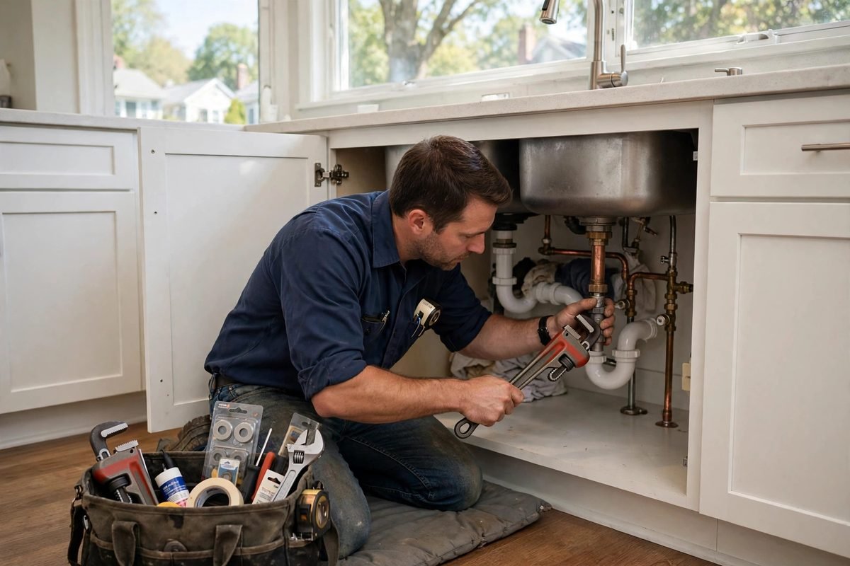 Plumber repairing pipes under a kitchen sink in a White Plains home