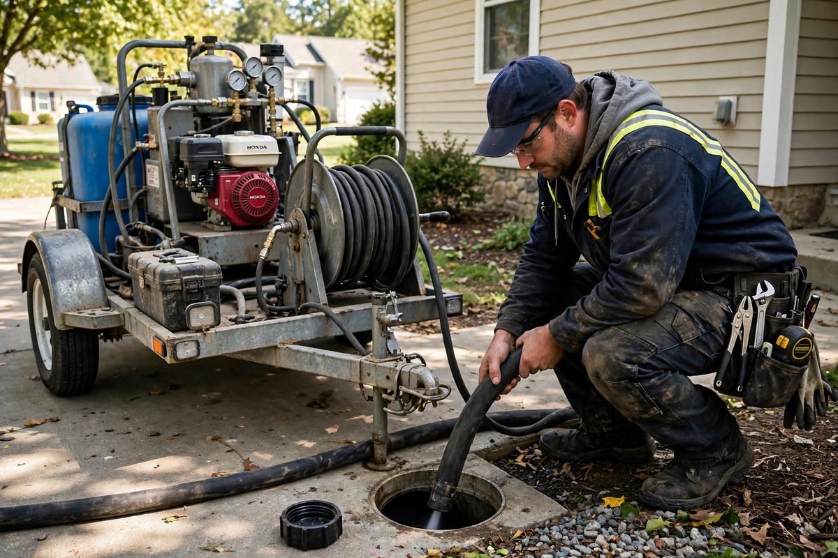 Plumber hydro jetting a drain line at an outdoor cleanout