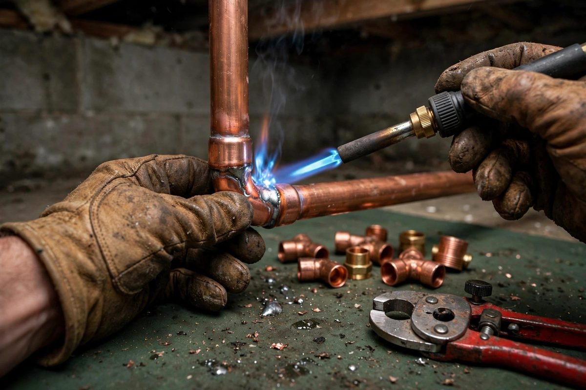 Plumber soldering a copper pipe joint in a basement
