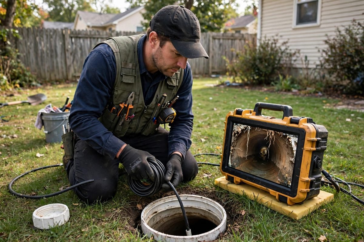 Sewer camera inspection at an outdoor cleanout
