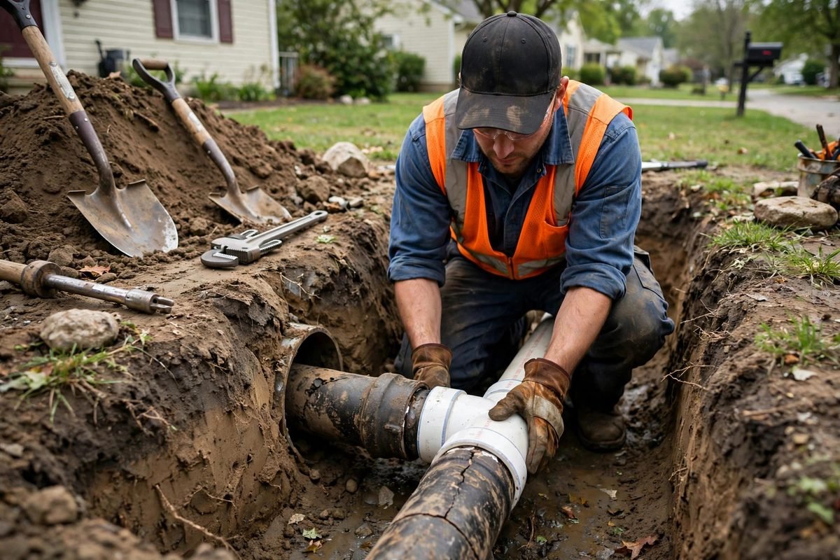 Plumber repairing an exposed sewer pipe in a dug trench