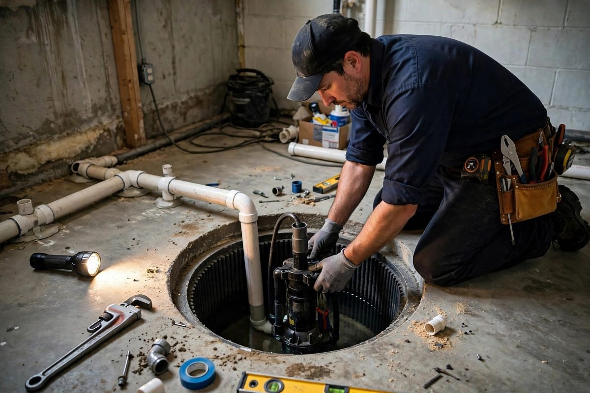 Plumber installing a sump pump in a basement basin
